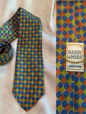 Hardy Amies Blue, Orange & Green Geometric Silk Tie